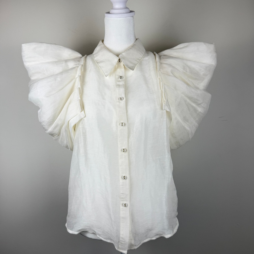 Aureta Linen Silk Puff Sleeve Blouse Women Medium Ivory Statement Button Down - Picture 3 of 10